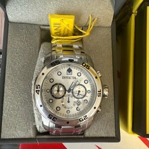 Invicta Men's 48mm Pro Diver Scuba Chronograph Silver Tone Silver Dial SS Watch